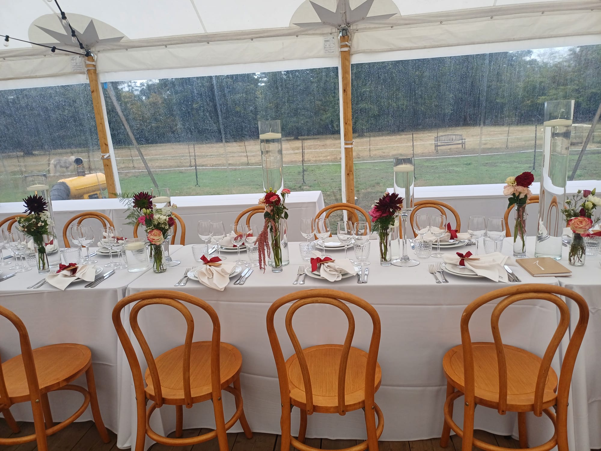 De stoelen aan de feesttafels